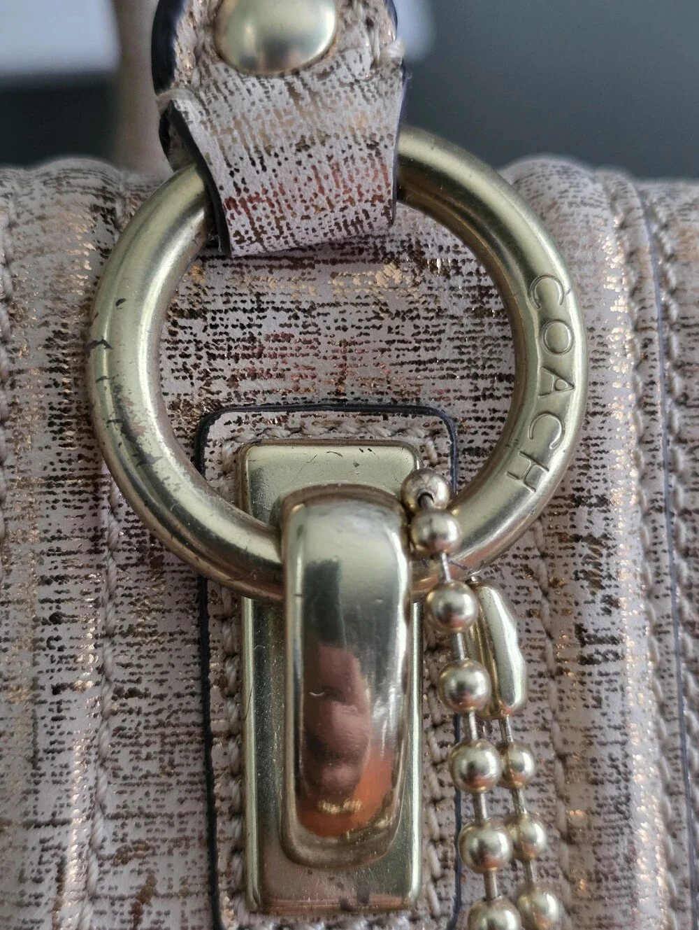 Coach 14241 Madison Sabrina Metallic Linen Tan Gold Satchel Shoulder Bag Y2K